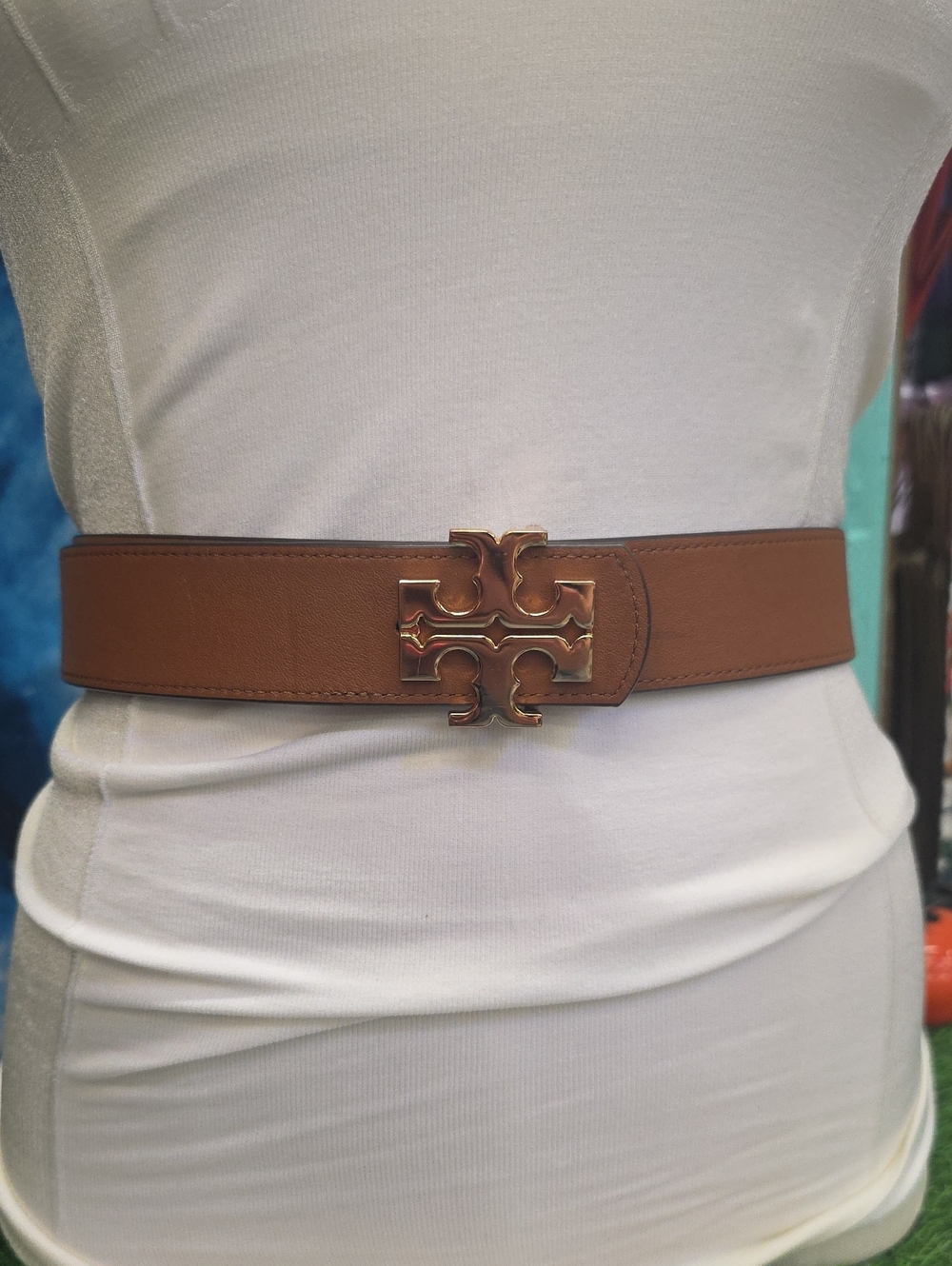Tory Burch Reverisable Logo Buckle Leather Waist Belt Dark Blue And Tan - Picture 2 of 9